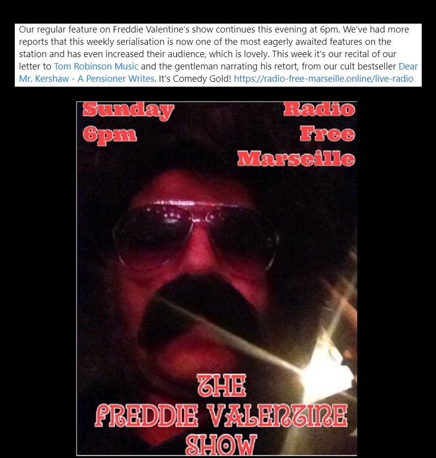 Very much looking forward to this feature today radio-free-marseille.online/live-radio 
@freshnet #marsailles #CommunityRadio #musicbooks #comedy #comedybooks #comedyradio #Punk  #feature #Rockmusic #LiveStream #freeradio #punks  #DearMrKershaw #DearMrPopStar #Grammarfreeintheuk #DerekPhillpott