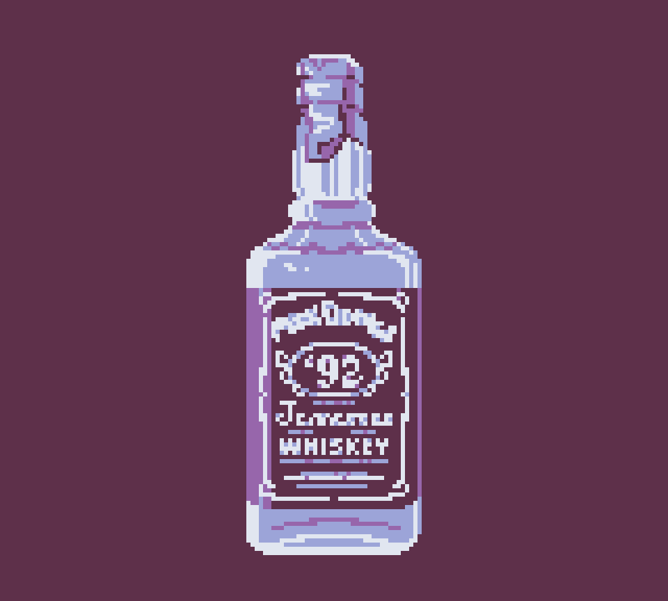 FnifeGames's tweet photo. wow is that a '92 bottle of "mack daniels" ? ok, nice 🫗👀

#screenshotsaturday #smalltownemo #gbstudio #pixelart https://t.co/7NCpyI2297