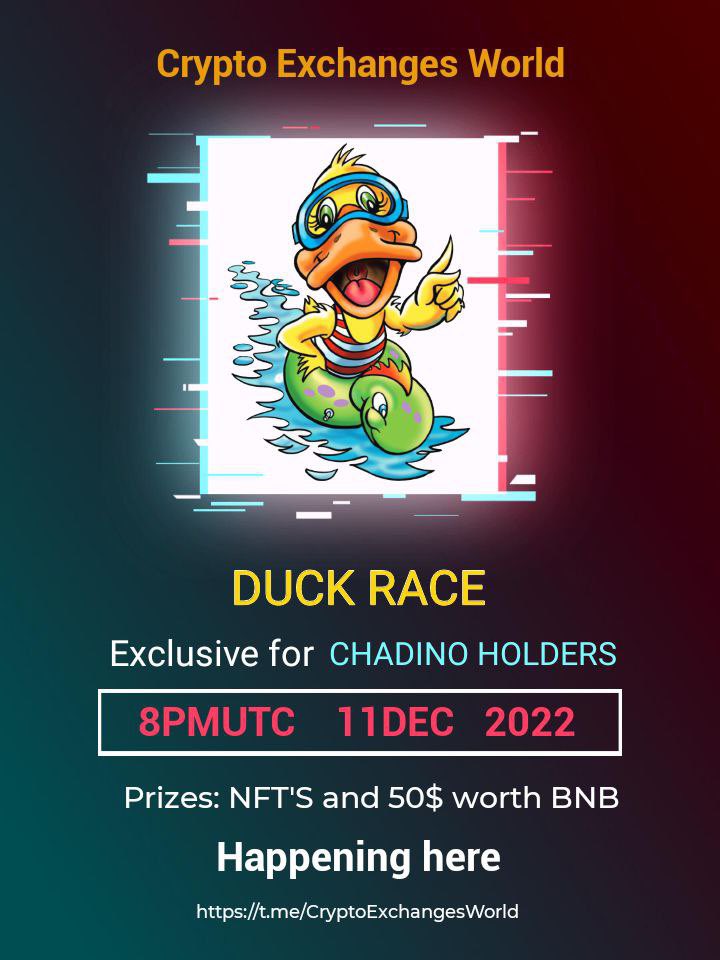 CryptoExWorld's tweet photo. Duckrace today for Chadino Holder 
Join and win 8 pm utc https://t.co/B0fqCSsr1h