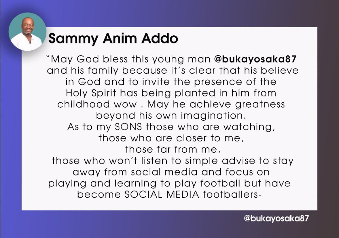 AnimSammy's tweet photo. May God keep blessing this young man @BukayoSaka87 , no wonder he performs wonders with Arsenal and the 3 lions 🙏🏿. Wow he invites the presence of God everyday , super fantastic mentality . Attached is my simple message to all the young footballers dreaming to play to the Top https://t.co/YWn8hLoeWV