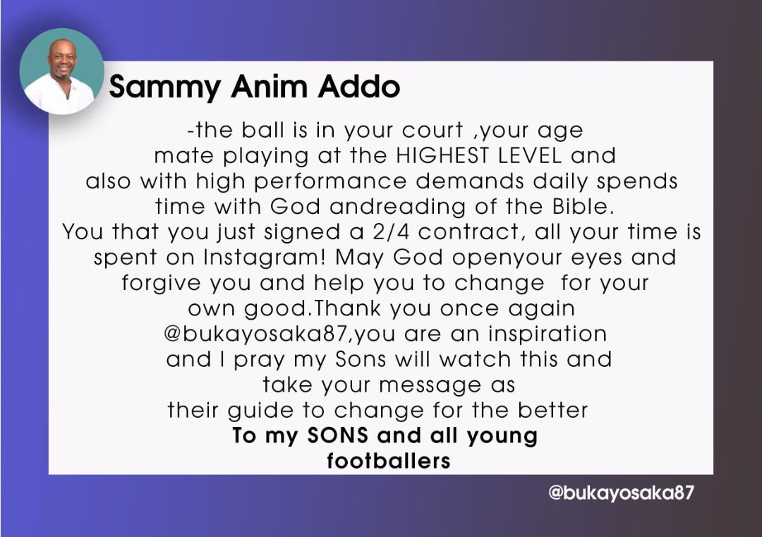AnimSammy's tweet photo. May God keep blessing this young man @BukayoSaka87 , no wonder he performs wonders with Arsenal and the 3 lions 🙏🏿. Wow he invites the presence of God everyday , super fantastic mentality . Attached is my simple message to all the young footballers dreaming to play to the Top https://t.co/YWn8hLoeWV