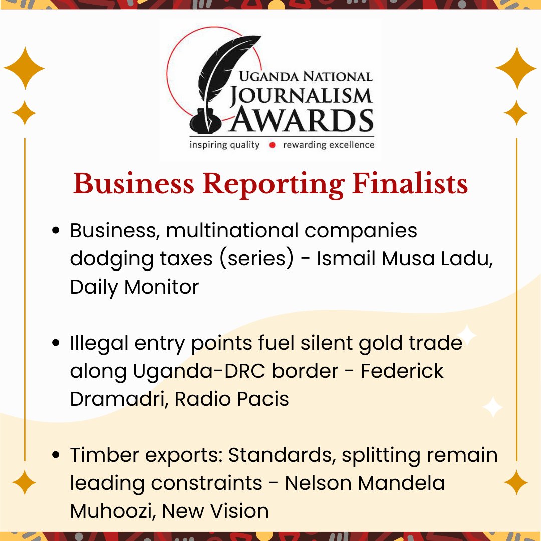 4/20
Uganda National Journalism Awards 2022 business, finance and economy reporting finalists.
#UNJA2022 #ACMEAwards2022