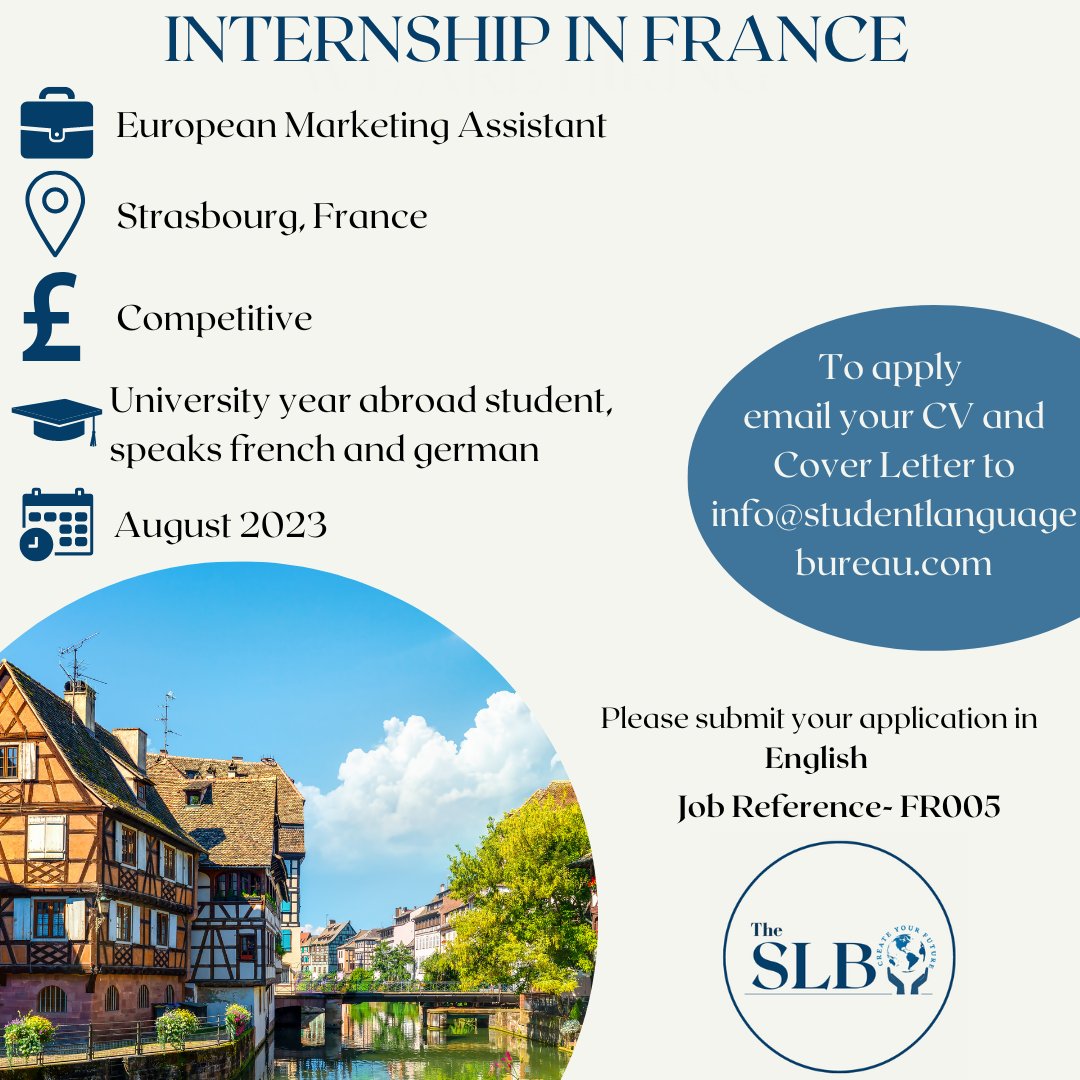 SLB_UK's tweet photo. ✨Year Abroad Opportunity in #France✨
💼 European Marketing Assistant
📍Strasbourg, France
💷 Competitive
🗓August 2023   
🔗https://t.co/VLbwStUHby

To apply email your CV &amp; Cover letter with the reference 'FR005' to info@studentlanguagebureau.com 

#hiring #yearabroad #stage https://t.co/uWTzdYTI4U