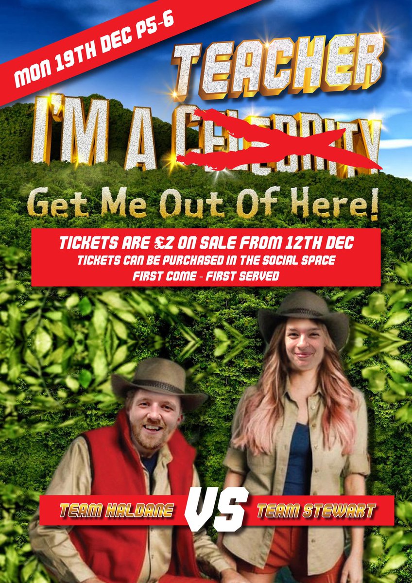 GHS_Morrison's tweet photo. @GHSfalkirk Remember tickets go on sale tomorrow for our first ever I’m A Teacher Get Me Out of Here event 🕷🐍🥳 
£2 - Social Space @ break and lunch, limited number of tickets available! Who will be crowned the winner? #TeamHaldane #TeamStewart https://t.co/mvRazubn3j