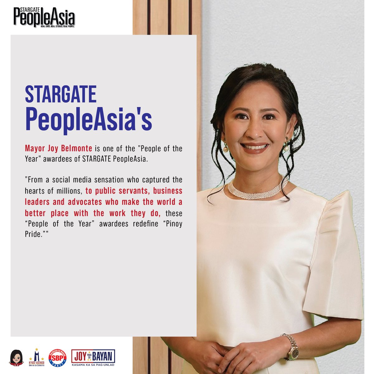 QCMayorJoy's tweet photo. ✨ Congratulations, Quezon City! ✨

Kabilang ang ating alkalde, Mayor Joy Belmonte, sa isa sa mga People of the Year ng People’s Asia ngayong taon.

Ito ay dahil sa kanyang natatanging paglilingkod sa lungsod, at sa bawat mamamayan ng lungsod Quezon. https://t.co/aCUrKJkcBd