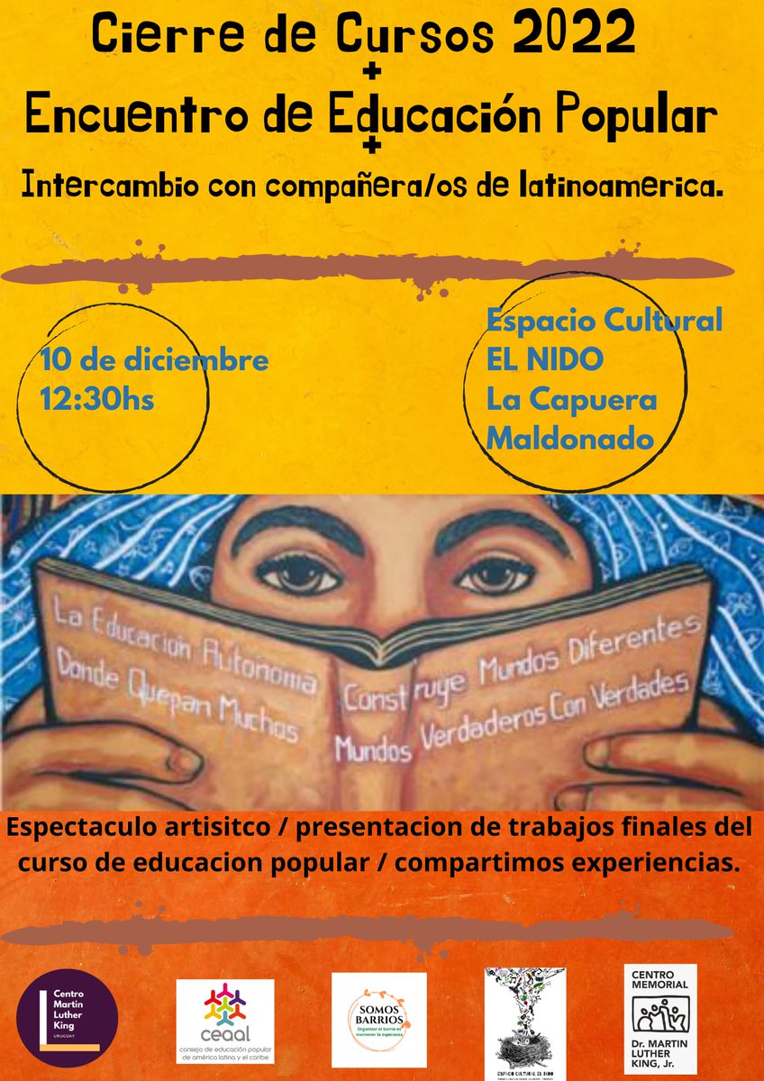 CamiloAlvarezLo's tweet photo. 10 de diciembre. 
Día internacional de los DDHH
Encuentro latinoamericano de educación popular y cierre de los cursos y proyectos 2022 del @CentroUy 
Acompañados por compás de Argentina/Cuba/Panamá
La Capuera, Maldonado https://t.co/FzSEVcWnqQ