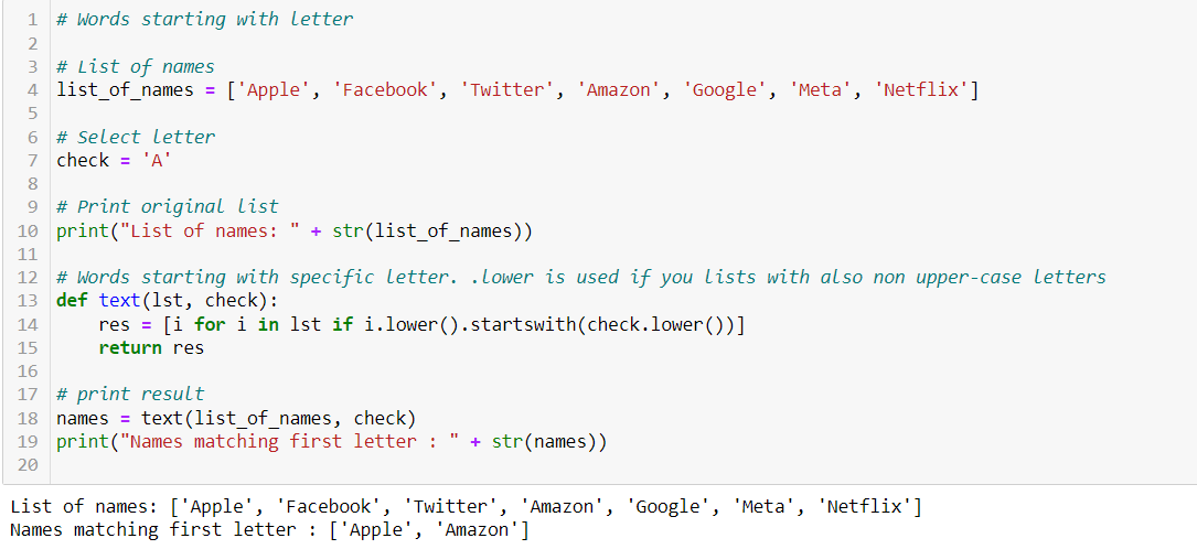 QuantScraper's tweet photo. Python: Get the strings in a list that begin with specific letter. Useful when working with list of tickers or Announcements.
#WomenWhoCode #WomenInTech #GirlsWhoCode #pythonprogramming #programming #programmer #100DaysOfCode #codefor30days #Python #MachineLearning https://t.co/o77oBXekPv