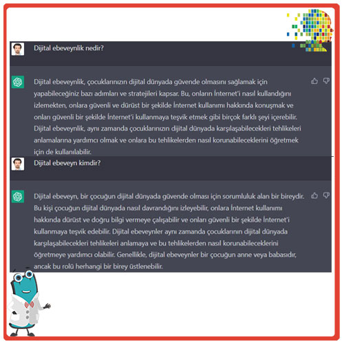 dijitalebeveyn's tweet photo. ChatGPT’ye dijital ebeveynlik ile ilgili aşağıdaki soruları sorduk ve güzel yanıtlar aldık.
❓ Dijital ebeveynlik nedir?
❓ Dijital ebeveyn kimdir?
❓ Dijital ebeveynlerin özellikleri nelerdir?
❓ Çocukların ekran kullanım süresi ne kadar olmalı? https://t.co/piYekRCLof