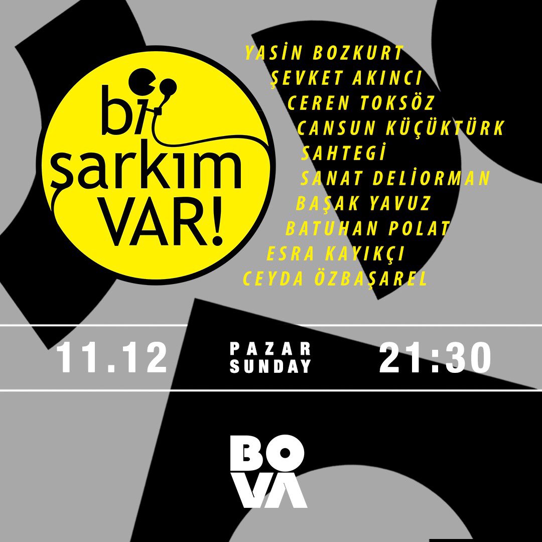 Bu akşam <a href="/bisarkimvar/">bisarkimvar</a> olarak Bova’dayız. Listeye ek olarak Emir Talu ve @tuwsimonjohns da aramızda olacak ancak <a href="/SevketAkinci/">şevket akıncı</a> malesef katılamıyor. Birkaç saate görüşmek üzere 🎉