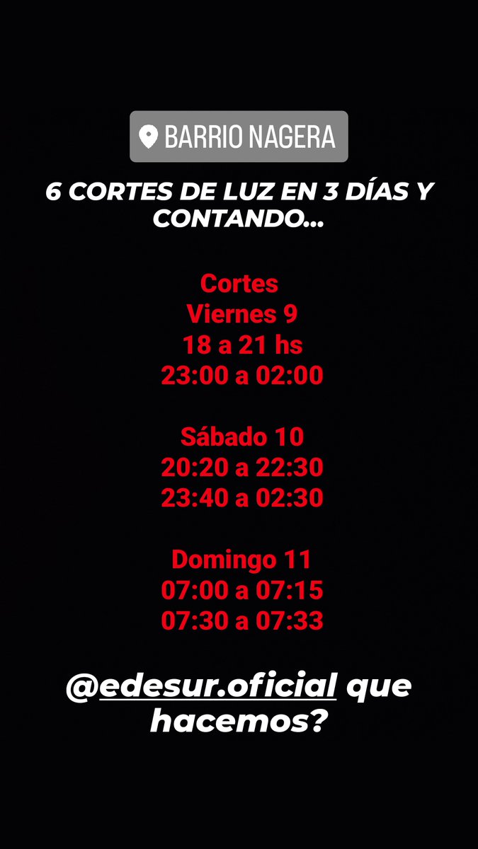 mfernandezradio's tweet photo. @OficialEdesur 6 CORTES DE LUZ EN 3 DÍAS Y CONTANDO...
BASTA DE TOMARNOS EL PELO @OficialEdesur https://t.co/VEq6qXrQhi