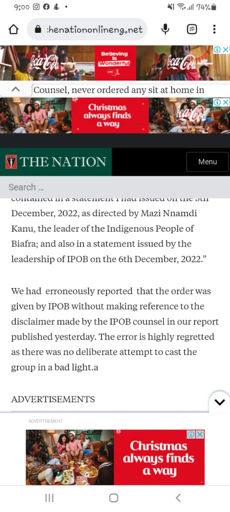 EjioforBar's tweet photo. UPDATE:

Our demand made yesterday, 10th December 2022, requesting The Nation Newspaper to immediately retract their misleading publication, which attributed the sit-at-home order/killings that took place on 9th December, 2022 to IPOB refers. https://t.co/PXtAzg86Qu