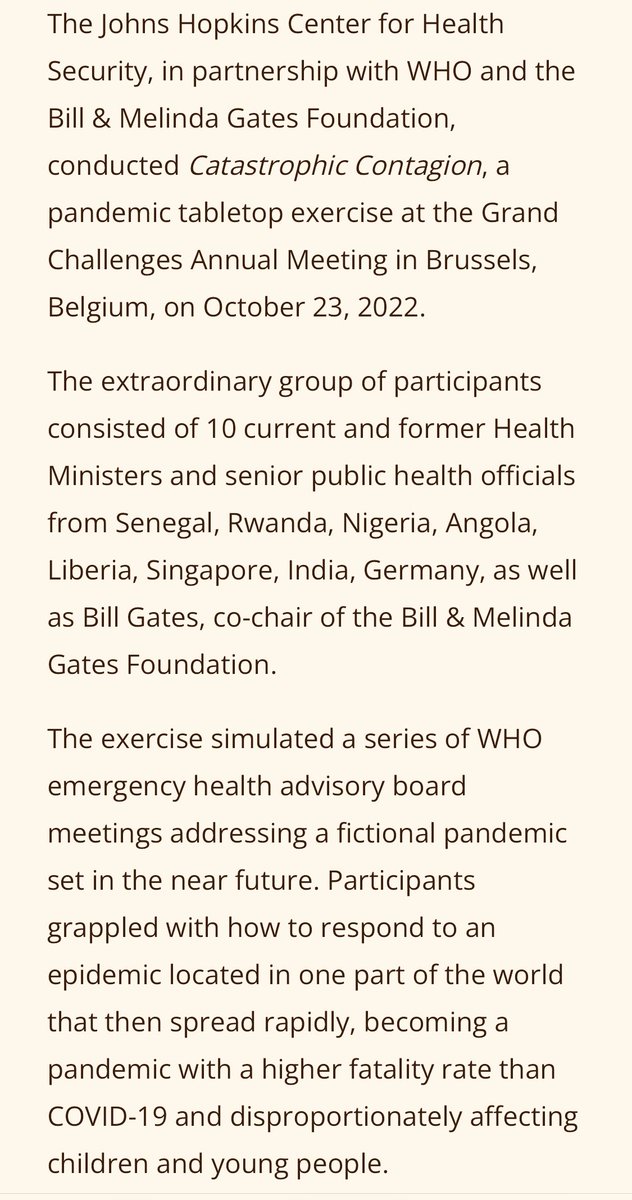 timingnl's tweet photo. Remember Event 201, the Oct 2019 Pandemic Preparedness Exercise right before the SARS-CoV-2 outbreak?

Here’s October 2022’s Catastrophic Contagion:
An Exercise about a pandemic with a higher fatality rate than COVID-19 and disproportionately affecting children and young people. https://t.co/Qes8ZyxjX8