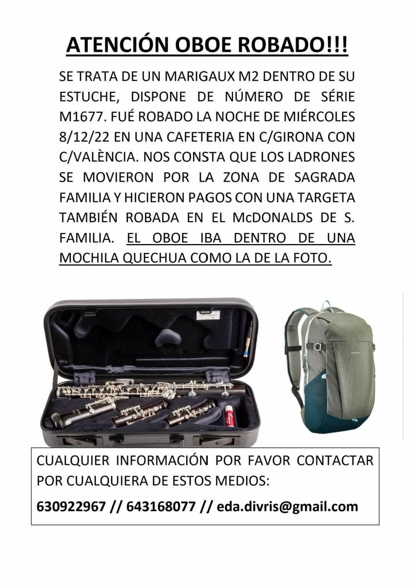 amposmusicos's tweet photo. Oboe robado la noche del día 8 de diciembre en Barcelona. Si alguien tiene alguna información al respecto que llame al 643168077. #OboeRobado #InstrumentoRobado https://t.co/dQ2prdlvZr