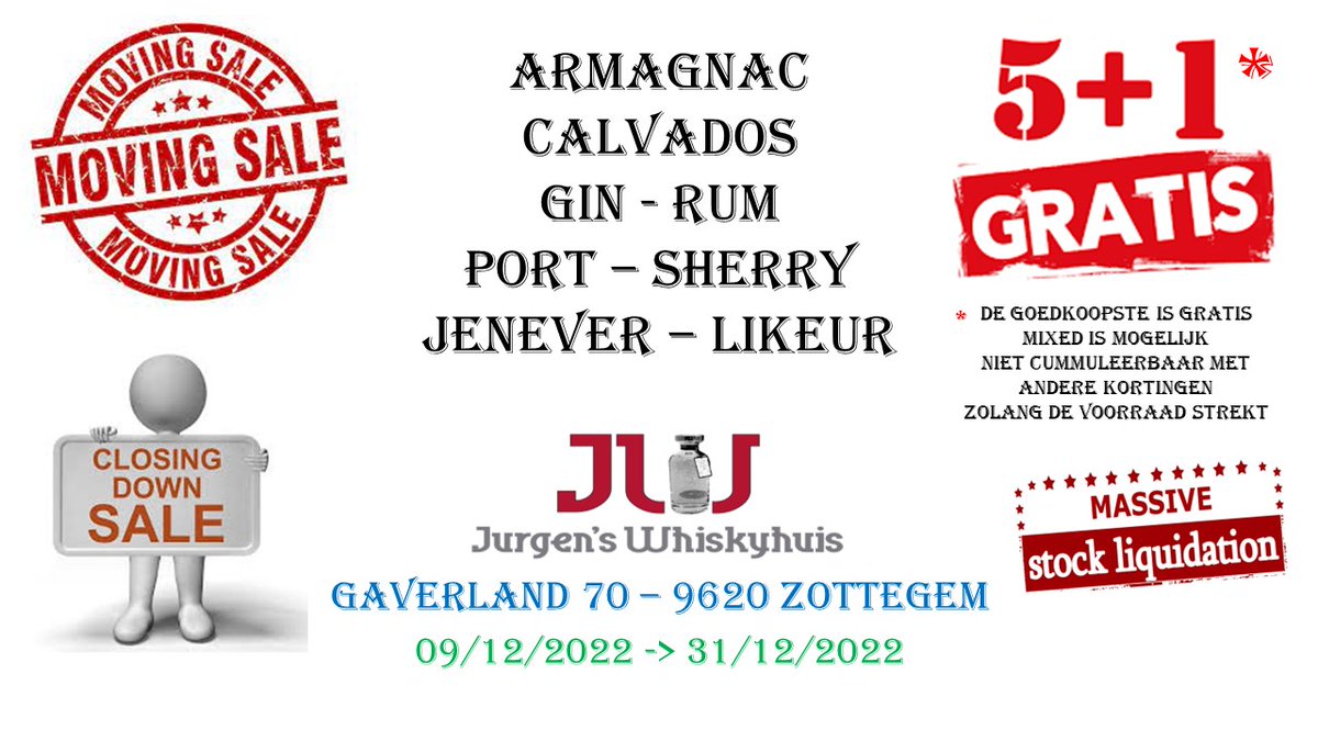TOTALE UITVERKOOP BIJ JURGEN'S WHISKYHUIS in ZOTTEGEM
5 + 1 GRATIS op alle Gin, Rum, Armagnac, Calvados, Port, Sherry, Jenever en Likeuren of kortingen per fles op het volledige assortiment. 
De 5 + 1 gratis actie mag volledig mixed zijn wat perfect is voor de eindejaarinkopen🎁