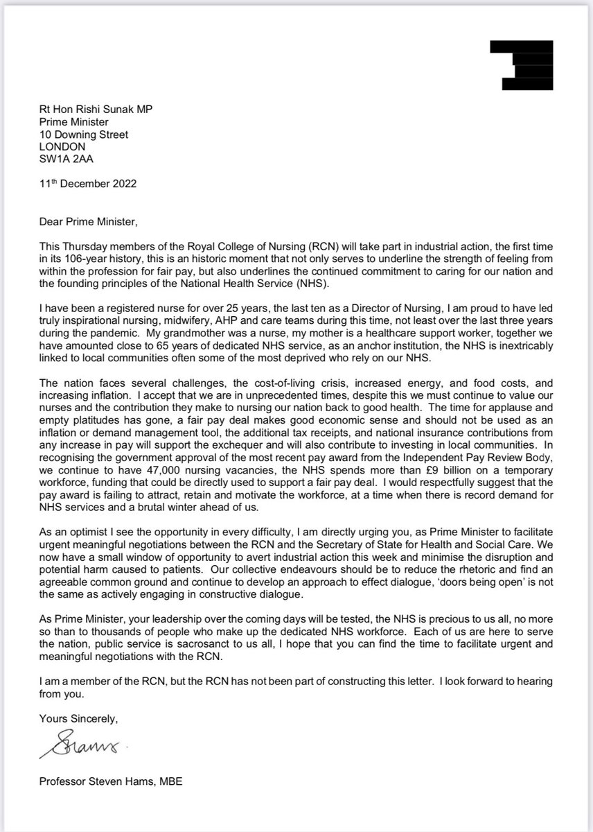 Today I have written to our Prime Minster <a href="/RishiSunak/">Rishi Sunak</a> <a href="/10DowningStreet/">UK Prime Minister</a> urging him to facilitate urgent &amp; meaningful negotiations between <a href="/SteveBarclay/">Steve Barclay</a> &amp; <a href="/theRCN/">The RCN</a> <a href="/patcullen9/">Pat Cullen MP</a> 

There may be a small window of opportunity to avert industrial action, it must be taken.