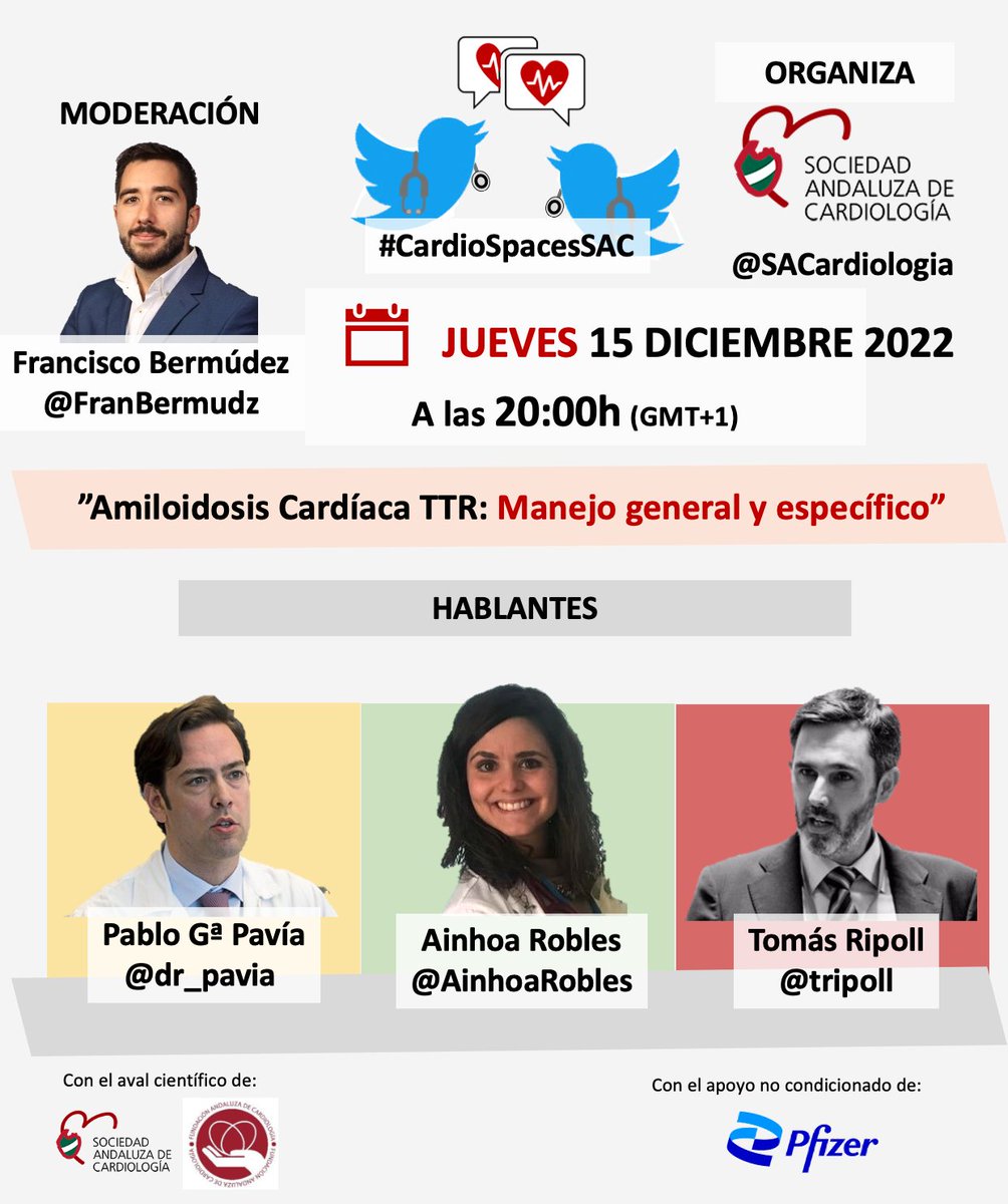 SACardiologia's tweet photo. ⚠️”Amiloidosis Cardíaca TTR: Manejo general y específico”
🗓el próximo 15 de diciembre ⏰8pm (GMT+1) tienes una cita en #CardioSpaceSAC
🧑💻Moderado por @FranBermudz y con:
🔸@dr_pavia
🔸@AinhoaRobles
🔸@tripoll
No te lo pierdas‼️
#CardioSpacesSAC #CardioTwitter https://t.co/egaK8XGZu4