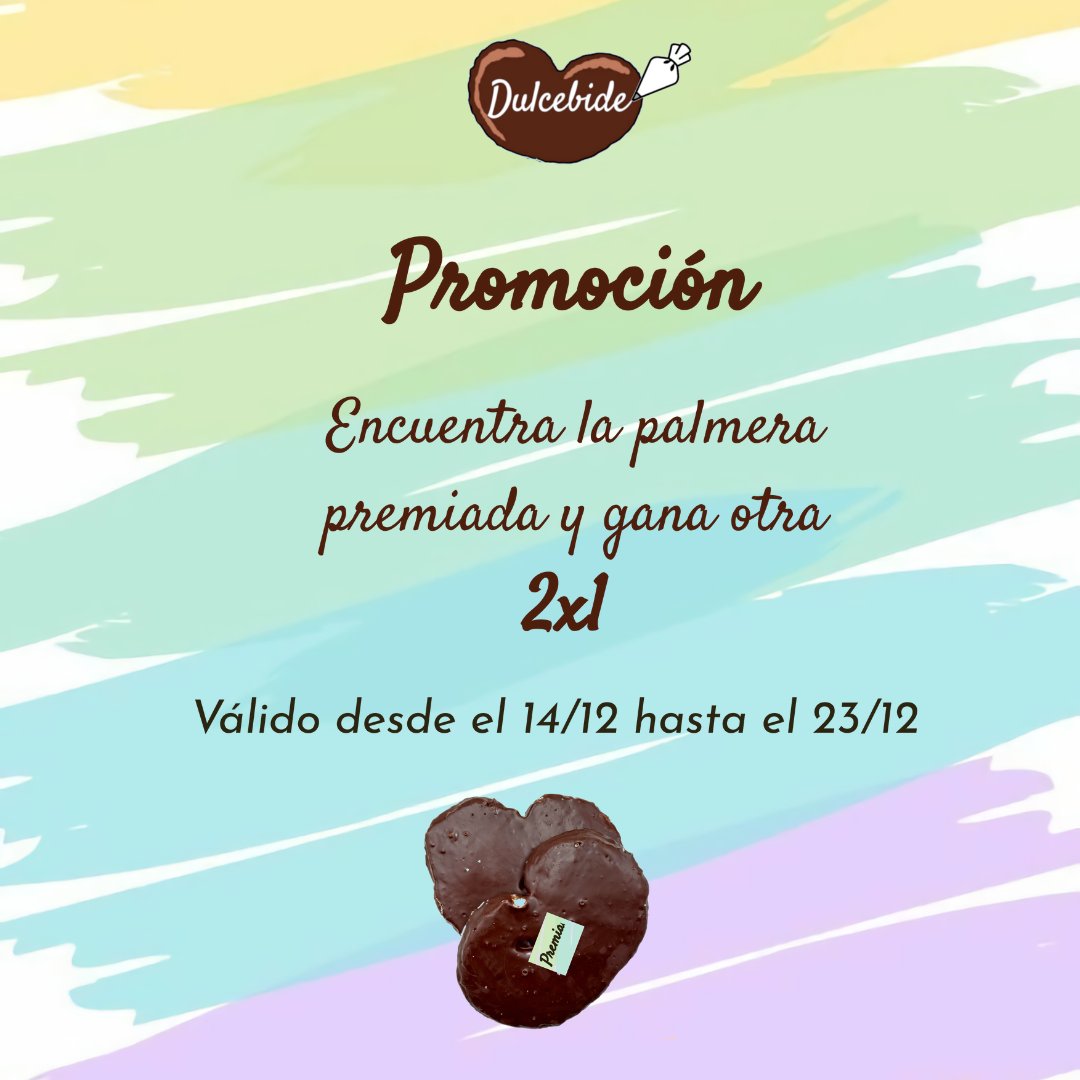 dulcebide's tweet photo. Del 14 de diciembre al 23 de diciembre, si compras una palmera de cualquier sabor y encuentras la premiada ganarás otra de regalo. #DulcebideNavidad https://t.co/TBbFegVDuz