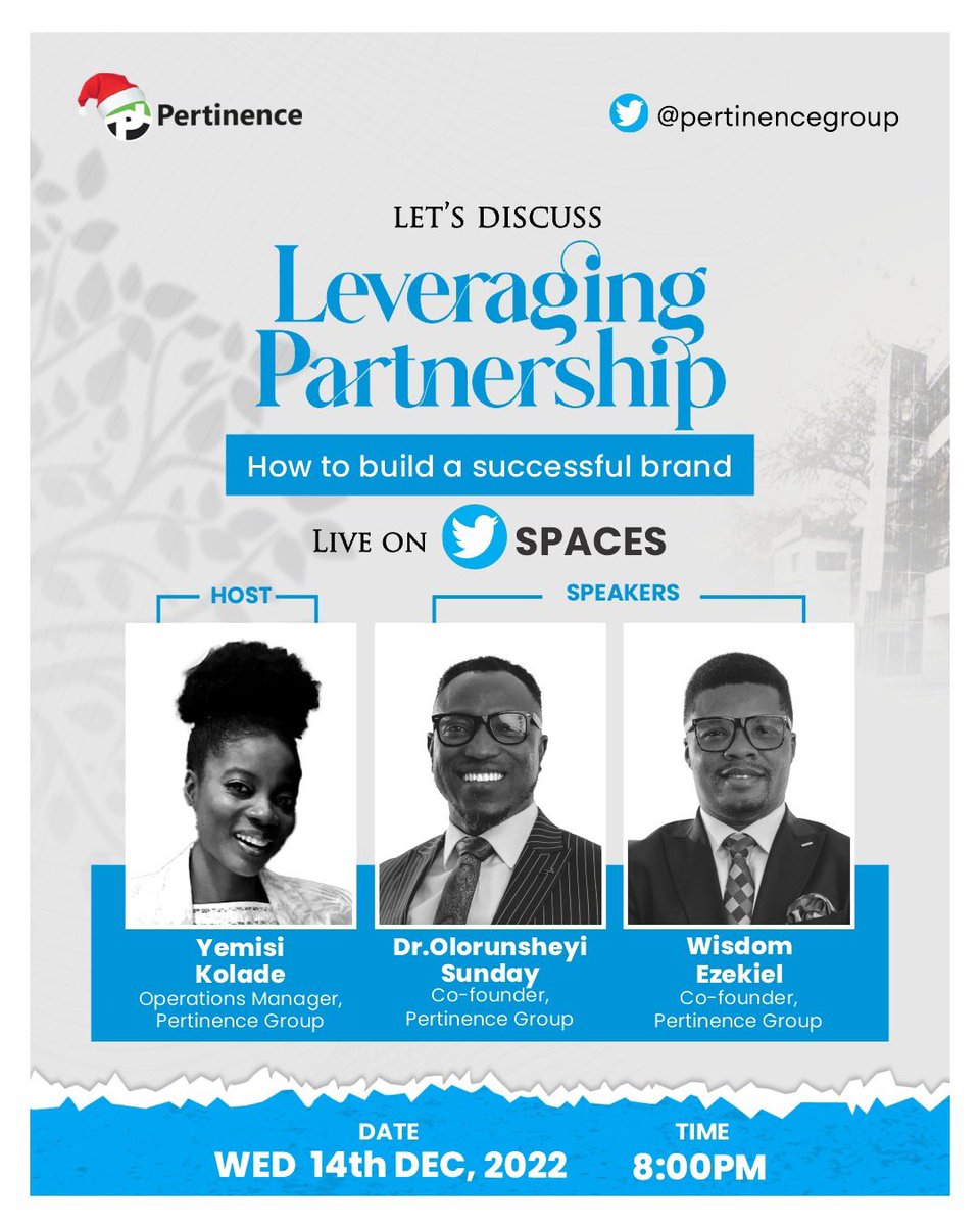 pertinencegroup's tweet image. Have you discovered how leveraging partnerships can help you scale your business?

Join the co-founders of Pertinence
Group, @olorunsheyi &amp;amp; @wisemanezekiel as they reveal how they&apos;ve successfully built a global brand through partnership.

Set a reminder!
