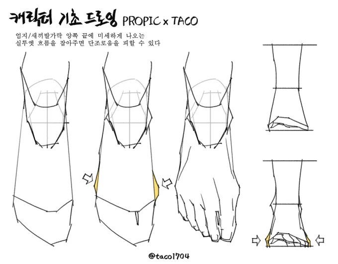 엄지/새끼발가락 양쪽 끝에 살짝 나오는 실루엣을 만들면 단조로움을 피할 수 있다 