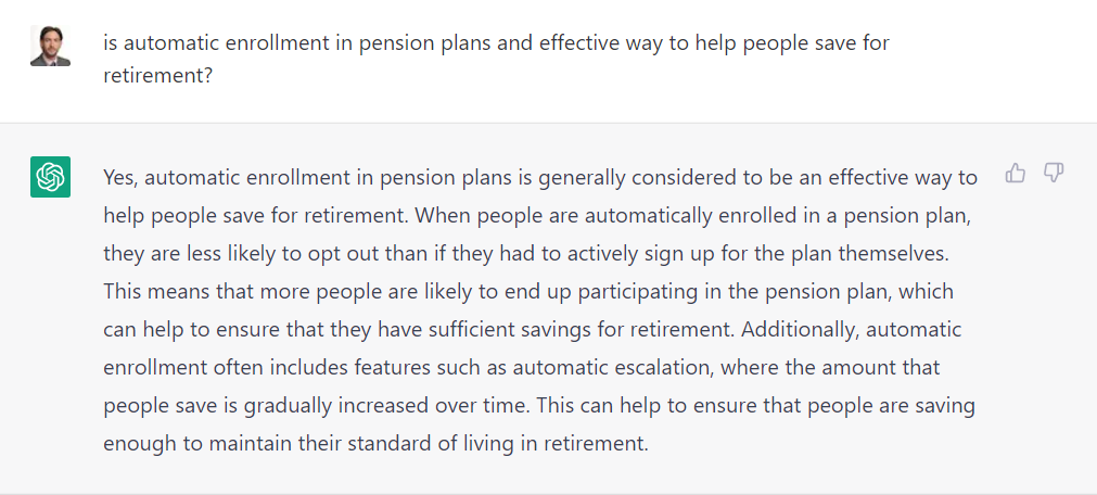 BlogIrrational's tweet photo. #ChatGPT knows #automaticenrollment in retirement plans is the way to go #AI #retirementplanning https://t.co/6eJZwX44iu