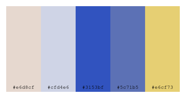 ColPaletteBot's tweet photo. Beep beep, here's a pretty color palette for you!
color-scheme.js parameters used:
- hue: 241
- variation: pastel
- colors: #e6d8cf, #cfd4e6, #3153bf, #5c71b5, #e6cf73
Have a lovely day!
#twitterbot #colorpalette #colors #palette #prettycolors https://t.co/n3zA6IGuza