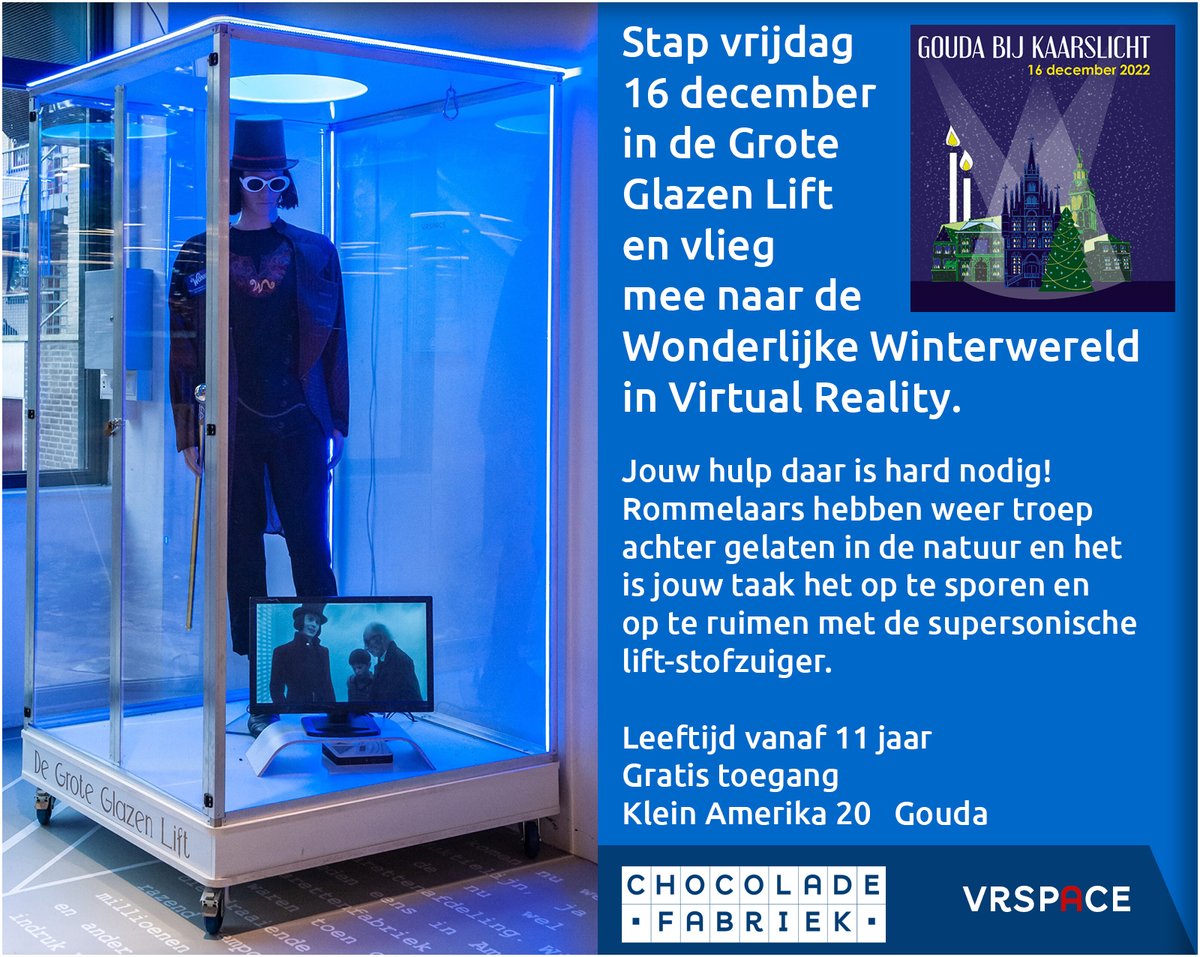 VRSpace's tweet photo. Stap vrijdag 16 december 2022 in de Grote Glazen Lift en vlieg mee naar de Wonderlijke Winterwereld in Virtual Reality. Leeftijd vanaf 11 jaar
Gratis toegang. Tijdstip: 15:00-17:00 uur. Klein Amerika 20 #Gouda #GoudaKaarslicht #chocolafabriek #bibliotheekgouda #vrspace https://t.co/4fiAORoCzS