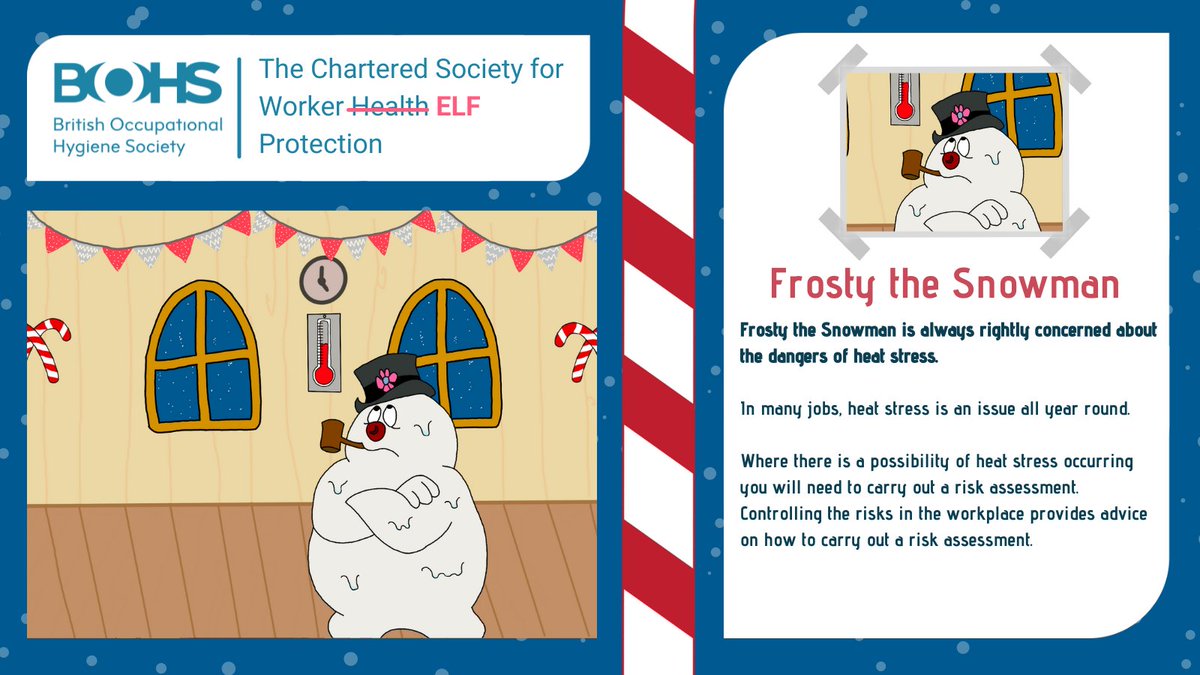 BOHSworld's tweet photo. Frosty the Snowman is always rightly concerned about the dangers of heat stress!
Find out more: https://t.co/b7t9qJYEoH
#WorkerElfProtection #12DaysOfChristmas https://t.co/JZrSo9RH3j