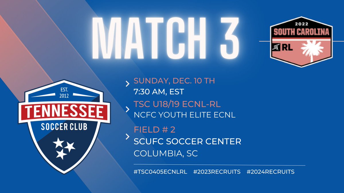 Early morning start for our final day at #ECNLRLSC! See you at the fields!!
#TSC0405ECNLRL #2023Recruits #2024Recruits #DevelopingExcellence #leadersplayhere 
<a href="/ImYouthSoccer/">ECNL/GA/Recruiting/College Soccer</a> <a href="/ECNLOhioValley/">ECNL Ohio Valley Conference</a> <a href="/ECNLgirls/">ECNL Girls</a> <a href="/TSCECNL/">Tennessee Soccer Club ECNL</a> @TSCGKProgram <a href="/PrepSoccer/">Prep Soccer ⚽️</a> <a href="/TopDrawerSoccer/">TopDrawerSoccer</a> <a href="/TheSoccerWire/">SoccerWire</a>