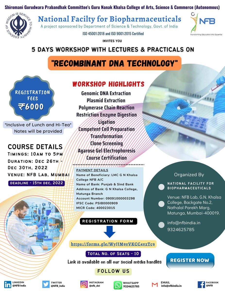 NFB_india's tweet photo. Final Call for Our Upcoming Workshop on Recombinant DNA Technology📢📢📢
💥A Complete hands on training course with Lunch included.
💥Notes and Certificate of Participation will be provided.
REGISTER NOW.!!!! ‼️
https://t.co/eO2Gmn2mIb https://t.co/LP4MrrtLFv