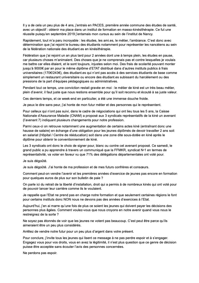 Après la dernière proposition de la <a href="/CnamCmu/">Caisse Nationale d'Assurance Maladie (CNAM)</a> dans le cadre des négos conventionnelles, j’ai découvert avec effroi la position de la <a href="/_FFMKR/">FFMKR</a> 

J’espère que le <a href="/SNMKR1/">SNMKR</a> et <a href="/alizekine/">Alizé</a> ne vont pas également vendre leurs futur.es collègues pour un peu plus de salaire