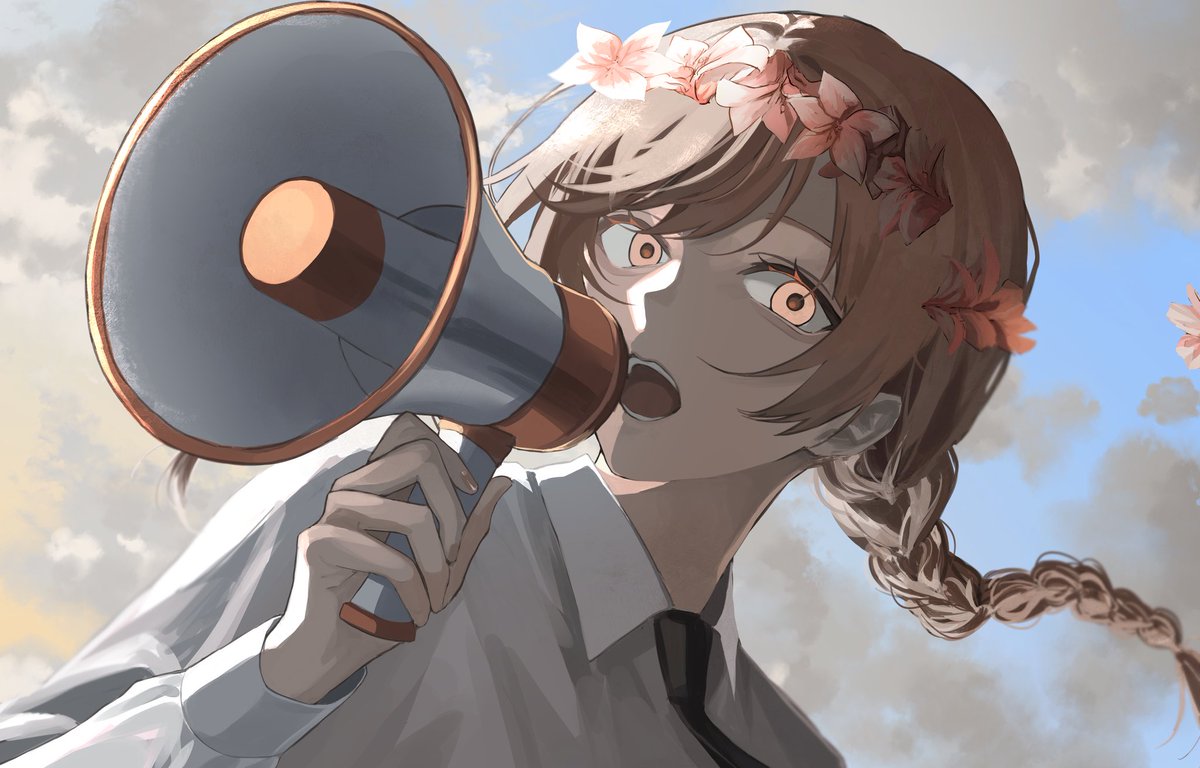 makima (chainsaw man) 1girl solo braid shirt open mouth white shirt megaphone  illustration images