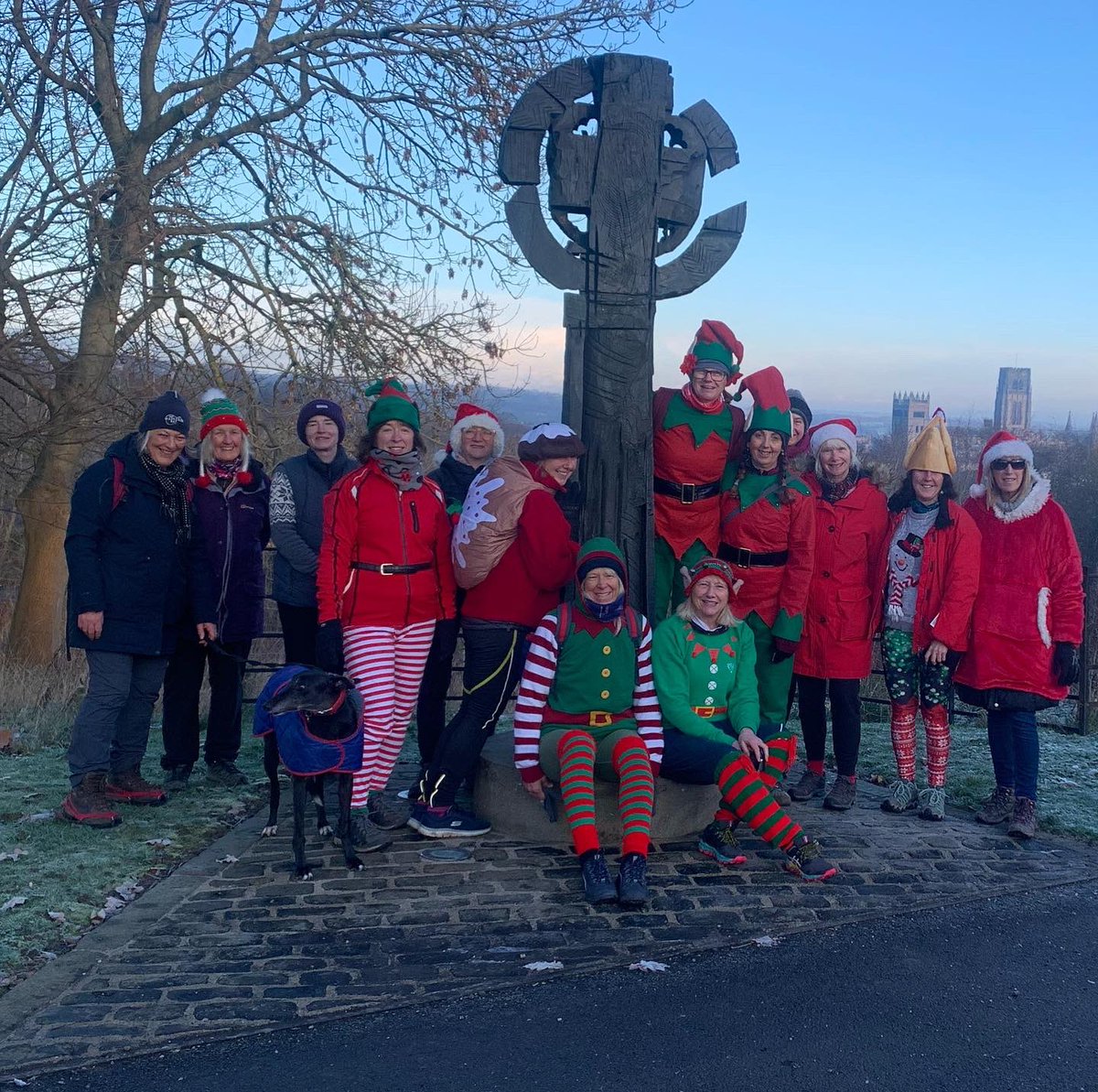 Breezedurham's tweet photo. Lovely to get out for a walk today, even if it was too icy to pedal. We fancy dressed to raise much needed funds for @StCuthsHospice and hope we’ve paid for a day. Merry Xmas everyone 🎄🧑‍🎄🚴❄️  @BreezeCycling #togetherweride https://t.co/1MoxjUojv6