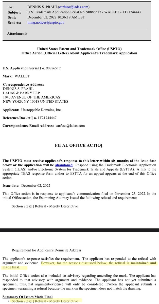 apedotc's tweet photo. Update: It’s final. The Trademark Office maintained and finalized the refusal for the trademark application. #StoppableDomains doesn’t hold and will never hodl trademark rights for wallet and .wallet. This is not likely to strengthen their strange position in court. https://t.co/oRKiggokaL