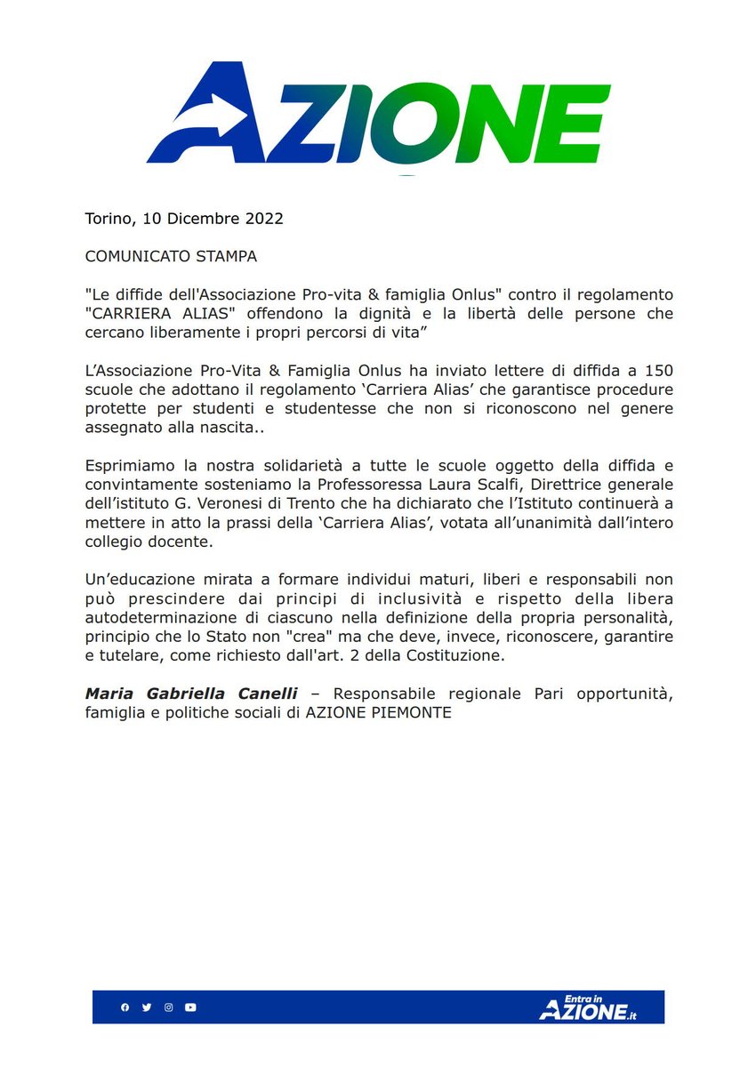 SocialePiemonte's tweet photo. L'Associazione Pro-Vita &amp; Famiglia diffida 150 scuole che adottano la Carriera Alias che garantisce procedure protette per coloro che non si riconoscono nel sesso attribuito alla nascita. Azione Piemonte con forza stigmatizza l'iniziativa Pro-Vita e Famiglia. https://t.co/ztTfRO3Sfg