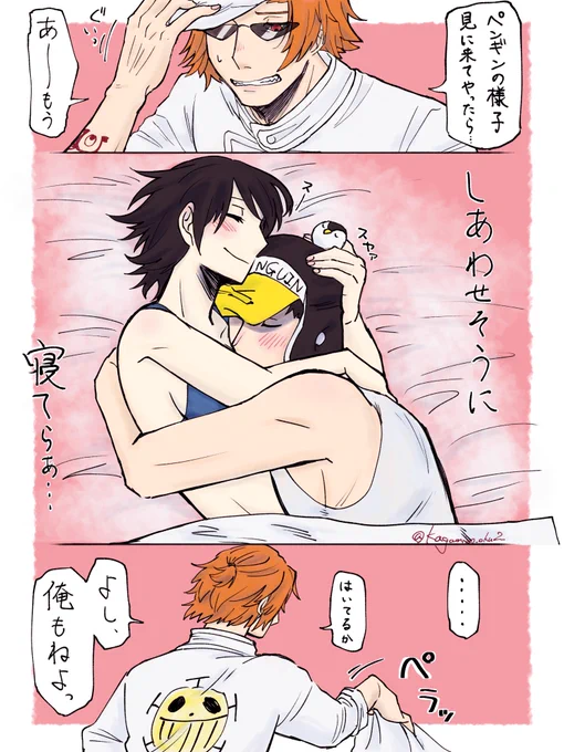 #OP夢  #OPプラス

夢主と一緒に寝る🐧と、確認する🐬

⚠️夢主顔あり、🐧と🐬顔捏造、肌色注意? 