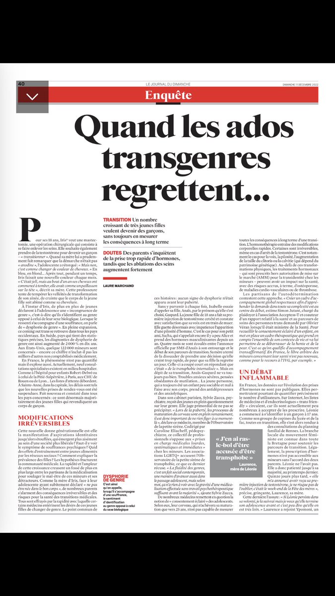 Paul__gratian's tweet photo. 1/4
Après le parisien il y a quelques mois, le JDD publie à son tour ce dimanche une “enquête” sur le faux phénomène des jeunes transgenres qui regrettent.

Si cette crainte existe chez des parents concernés, ce fantasme du regret reste en réalité ultra minoritaire ⤵️ https://t.co/dmLh4dqlKb