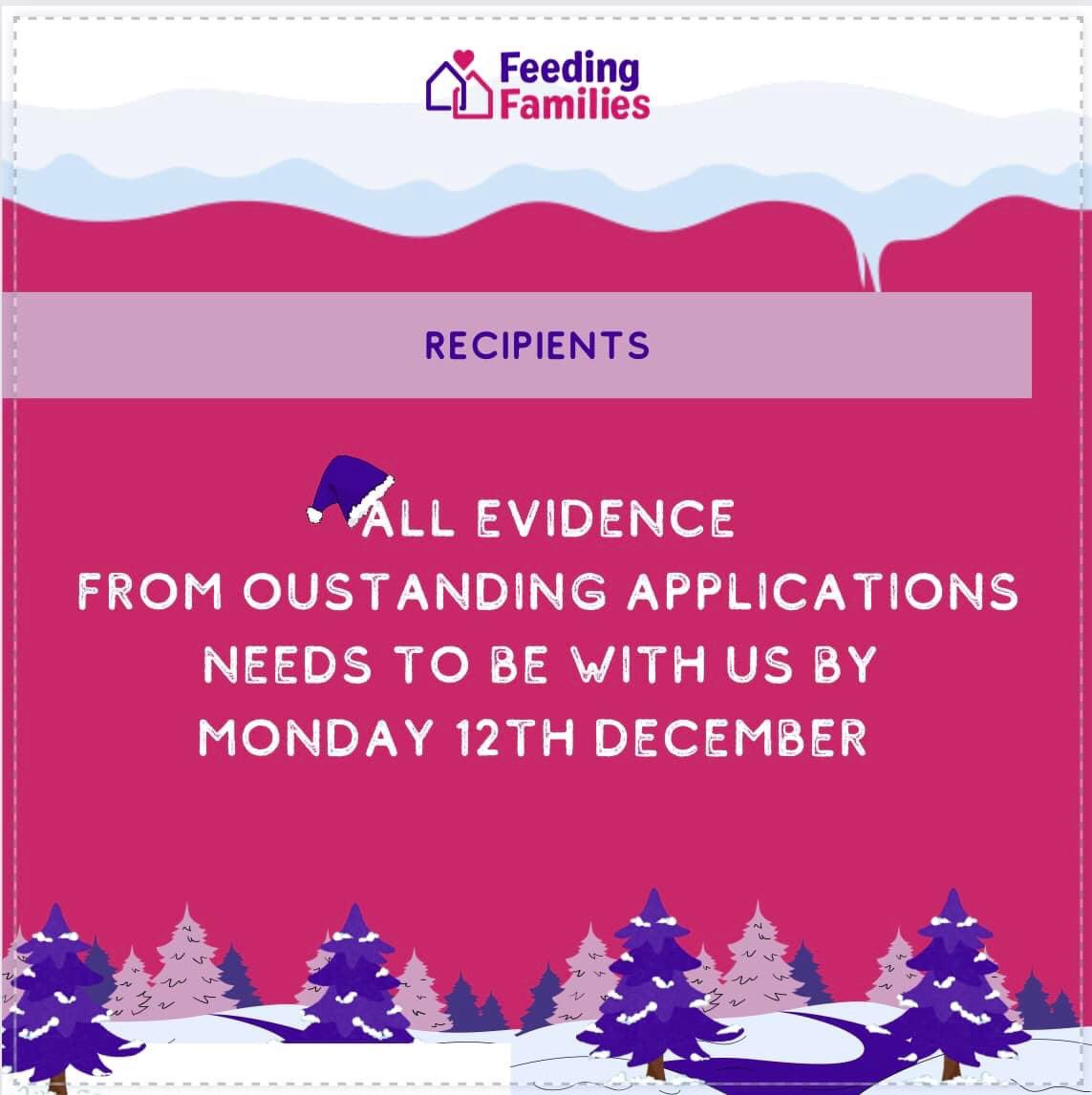 Please note that all evidence for outstanding applications must be received by Monday. If you haven’t received an email saying you are approved and matched then you must contact hampers@feedingfamilies.org.uk immediately