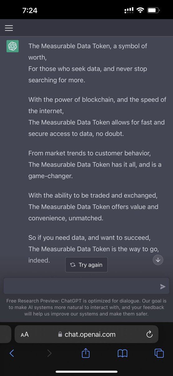 MeasurableData's tweet photo. A valuable asset, for any team,
The Measurable Data Token, a name to gleam. By #ChatGPT https://t.co/riUYLDwbjP