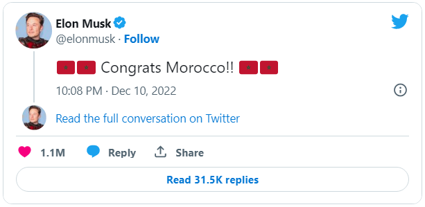 Elon Musk congratulates Morocco on historic victory
#Morocco #FIFAWorldCup2022