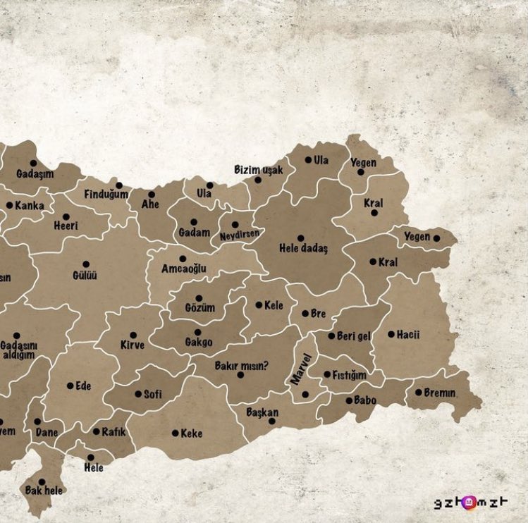 Şehirlere göre seslenme şekilleriymiş. Enteresan bi harita olmuş hepsini inceledim