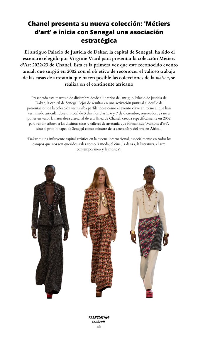 translatingfash's tweet photo. Chanel se ha convertido en la primera firma europea o estadounidense en presentarse en África subsahariana con 'Métiers d'Art' https://t.co/hBOhFzP8hh