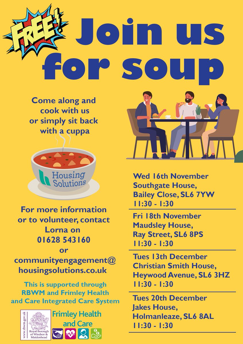 HS_Homes's tweet photo. Our first Soup Afternoon of December is only two days away. From 11:30am - 1:30pm, on Tuesday the 13th, join us for soup at Christian Smith House in Maidenhead.
#housingassociation #ourHS https://t.co/xutGY1mm5h