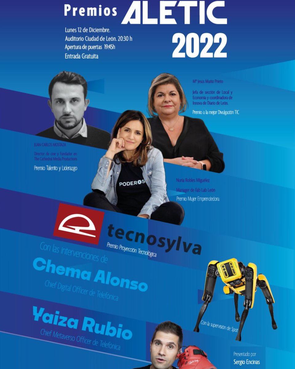 Mañana 12 de diciembre se entregaran los premios <a href="/AleticLeon/">Aletic</a> 2022 . Desde Fab Lab León estamos muy orgullosos porque nuestra fab-manager, <a href="/NunuroMi/">Nuria Robles</a> recibe el Premio Mujer Emprendedora. 
Queremos dar las gracias a ALETIC por tal reconocimiento.
#leonesp #premiosaletic #tecnología