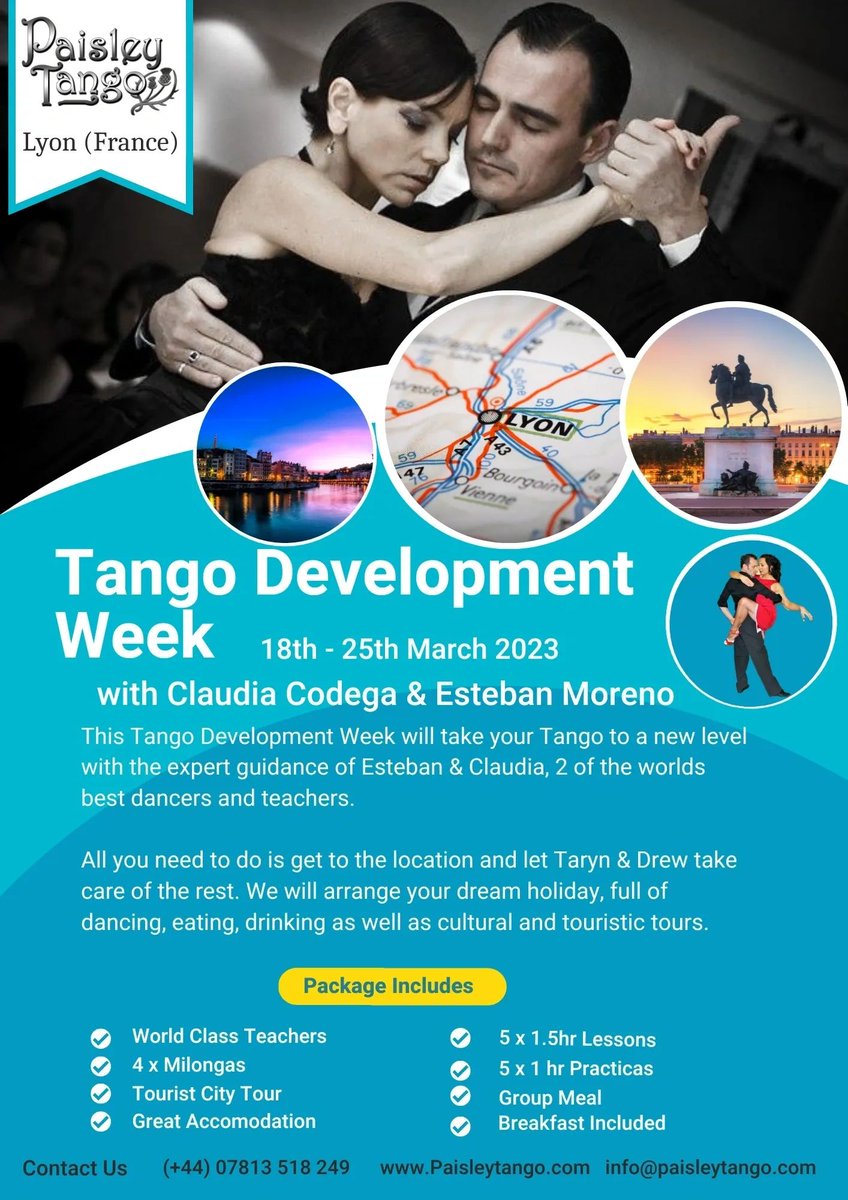 TangoPaisley's tweet photo. Still places left on this wonderful trip to Lyon (France) with us and the fantastic Esteban Moreno &amp; Claudia Codega.

Contact us for more details.

info@paisleytango.com https://t.co/Sicg0jewBC