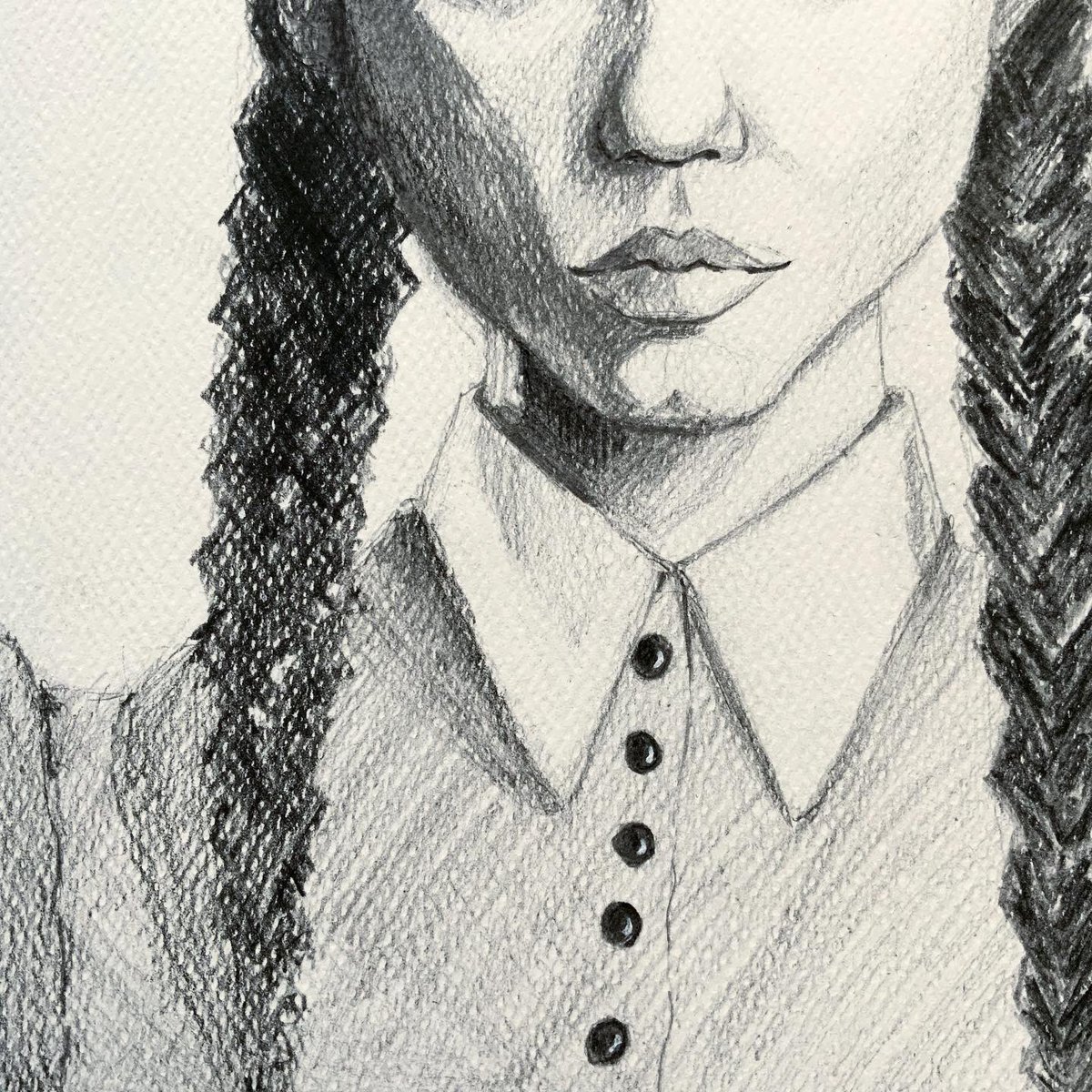 Olgaolis's tweet photo. I finally found a character that I would love to do a fanart of. She was a character that has been inspiring me since adolescence and it definitely helped that she is in black and white too! Did you enjoy the series? 
#smallartist #wednesdayaddams #wednesdayfanart #fanart #sketch https://t.co/eA0WpDc4NW
