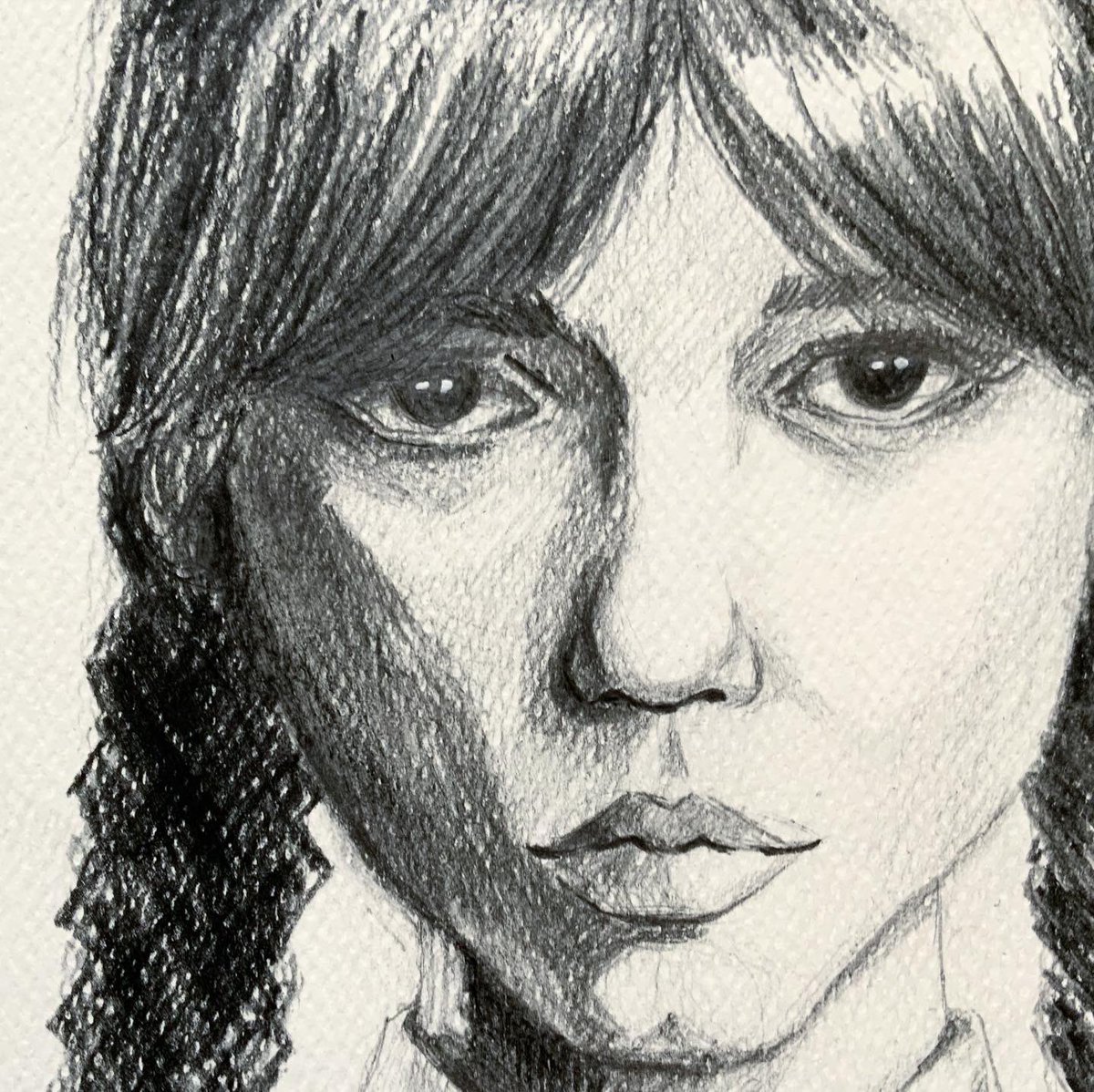 Olgaolis's tweet photo. I finally found a character that I would love to do a fanart of. She was a character that has been inspiring me since adolescence and it definitely helped that she is in black and white too! Did you enjoy the series? 
#smallartist #wednesdayaddams #wednesdayfanart #fanart #sketch https://t.co/eA0WpDc4NW