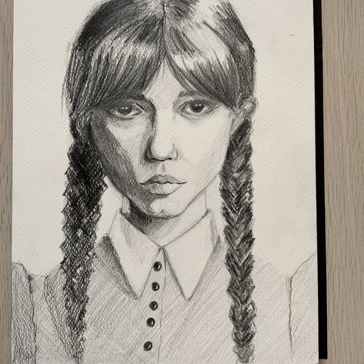 Olgaolis's tweet photo. I finally found a character that I would love to do a fanart of. She was a character that has been inspiring me since adolescence and it definitely helped that she is in black and white too! Did you enjoy the series? 
#smallartist #wednesdayaddams #wednesdayfanart #fanart #sketch https://t.co/eA0WpDc4NW