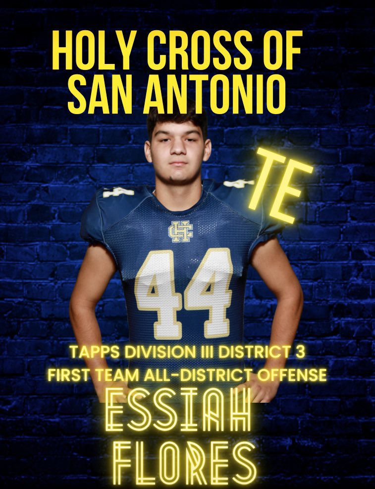 Congratulations <a href="/E_flores44/">Essiah Flores</a> ’23 on being selected First Team All-District TE for TAPPS Division III District 3

🏈⚔️🏈⚔️🏈⚔️ #426 #holycrossfootball #hcknights #letsgoknights ⚔️🏈⚔️🏈⚔️🏈