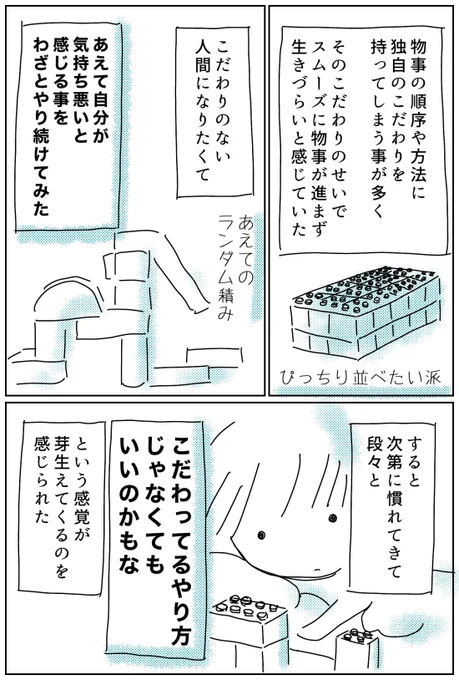 発達障害ゆえのこだわりを減らす為にやった事。
私個人はこれが結構効果あった。
(積んでるのはオモチャのブロックです)

わざと自分で自分を不快にしてると理解してやるのが大事だと思う。 
