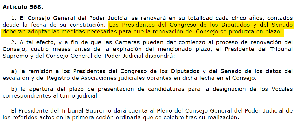 ⛔ BULO de <a href="/Fgarea/">Fernando Garea</a>. "Todo es consecuencia del bloqueo inadmisible por parte del PP a la renovación del CGPJ, incumpliendo su obligación constitucional y con diferentes excusas".

❌ FALSO: La están incumpliendo la Presidenta del Congreso y el Presidente del Senado (568.1 LOPJ).